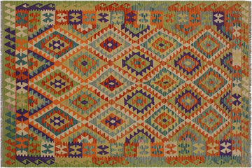 Flat Weave Kilim, Antique, Navaho, Vintage, Handmade, Geometric Kilim Beige Rust Hand-Woven Rectangle 100% Wool Area Rug 5 x 8